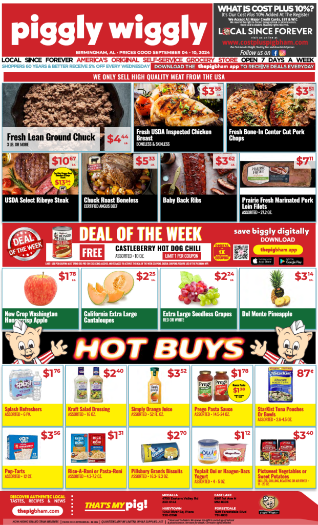 Piggly Wiggly weekly ad showcasing discounted items including fresh meats, produce, and grocery staples, valid from September 4 to September 10, 2024.